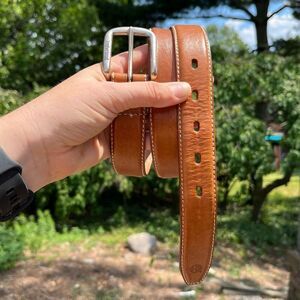 Timberland Tan Leather Belt Sz 34/85 Logo Buckle Contrast Stitching Unisex